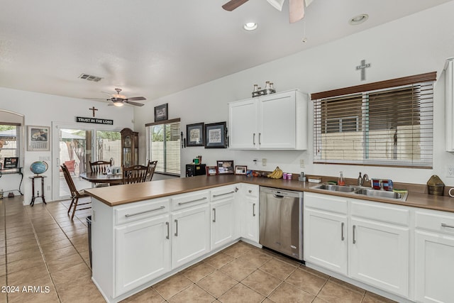 kitchen featuring ceiling fan, white cabinetry, sink, light tile floors, and stainless steel dishwasher