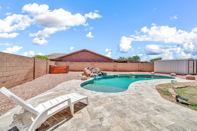 15019 W Banff Ln, Surprise, AZ 85379 - view of pool with a shed, a fenced backyard, and a patio area