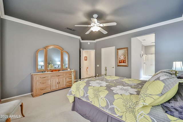 bedroom featuring baseboards, visible vents, light colored carpet, ceiling fan, and ornamental molding