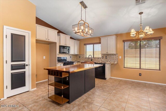 45131 W Horse Mesa Rd, Maricopa, AZ 85139 - kitchen featuring a chandelier, black appliances, white cabinetry, decorative backsplash, and lofted ceiling