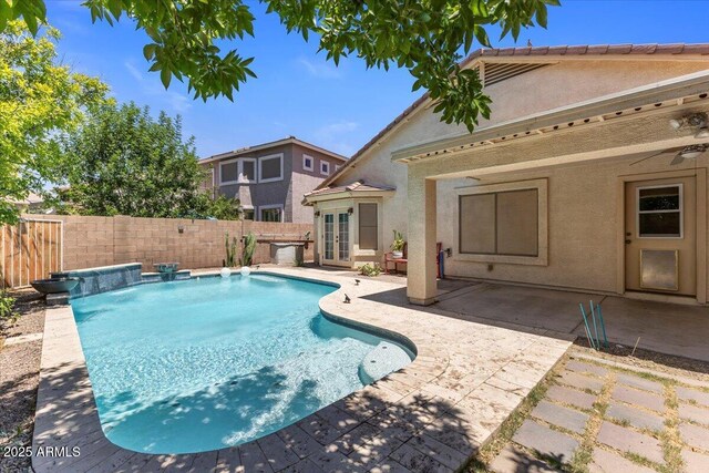 45131 W Horse Mesa Rd, Maricopa, AZ 85139 - view of pool featuring french doors, a fenced backyard, a patio area, and ceiling fan