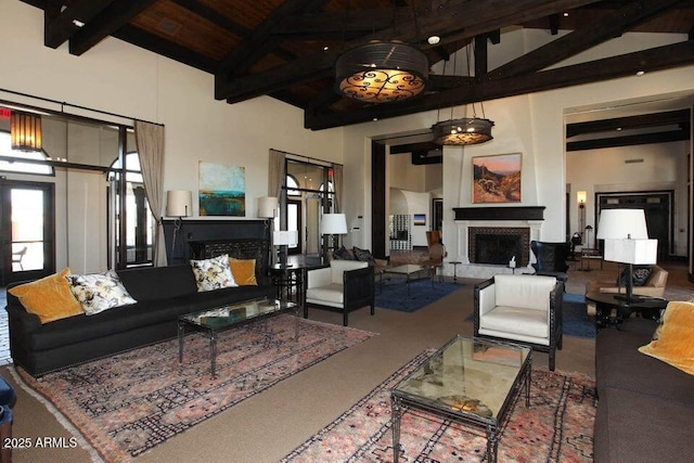 living room featuring beam ceiling and high vaulted ceiling