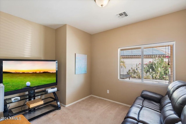 living room featuring light colored carpet