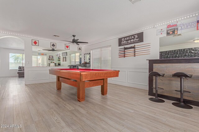 recreation room featuring light wood-type flooring, ceiling fan, and pool table