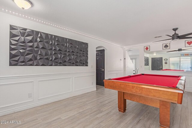 rec room with billiards, light hardwood / wood-style floors, and ceiling fan