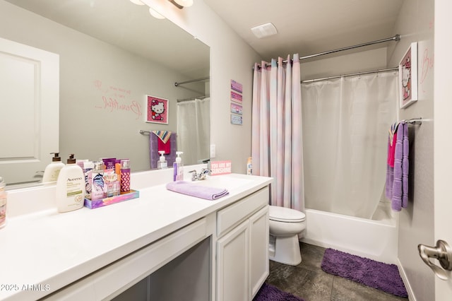 full bathroom with toilet, vanity, and shower / tub combo with curtain