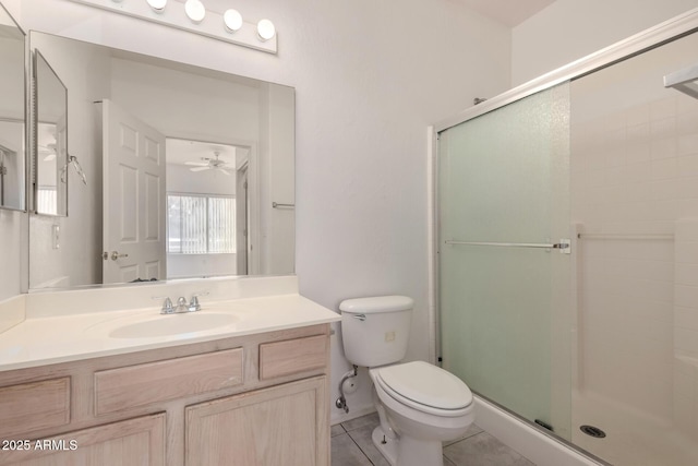 bathroom featuring walk in shower, vanity, tile patterned floors, and toilet