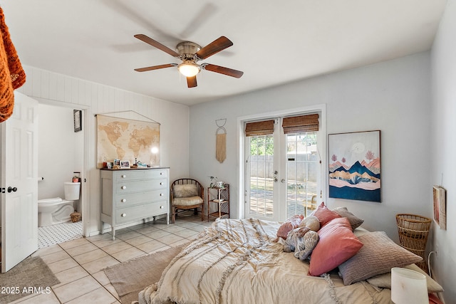 bedroom featuring tile patterned floors, access to exterior, ceiling fan, and ensuite bath
