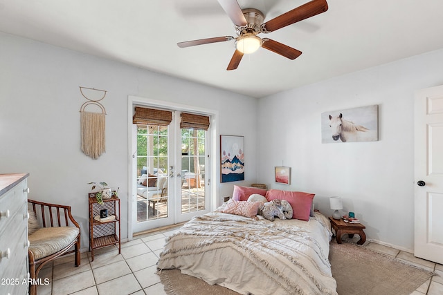 bedroom featuring light tile patterned floors, a ceiling fan, access to outside, and french doors