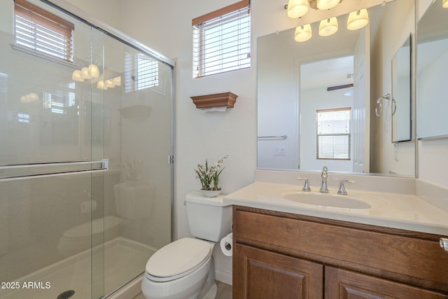 bathroom featuring vanity, an enclosed shower, and toilet