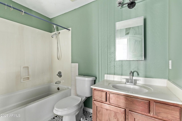 full bath with shower / bathtub combination, toilet, and vanity