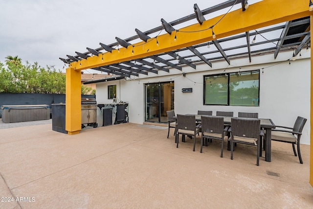 view of patio featuring a grill, exterior kitchen, a pergola, outdoor dining space, and a hot tub