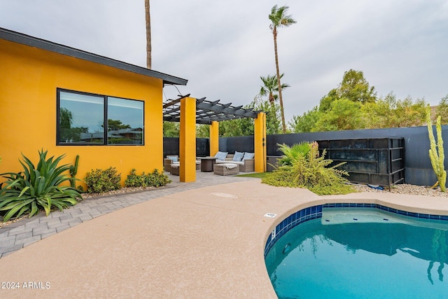 view of swimming pool featuring a fenced in pool, fence, a patio area, outdoor lounge area, and a pergola