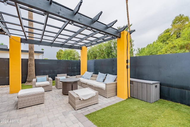 view of patio / terrace featuring outdoor lounge area, a fenced backyard, and a pergola