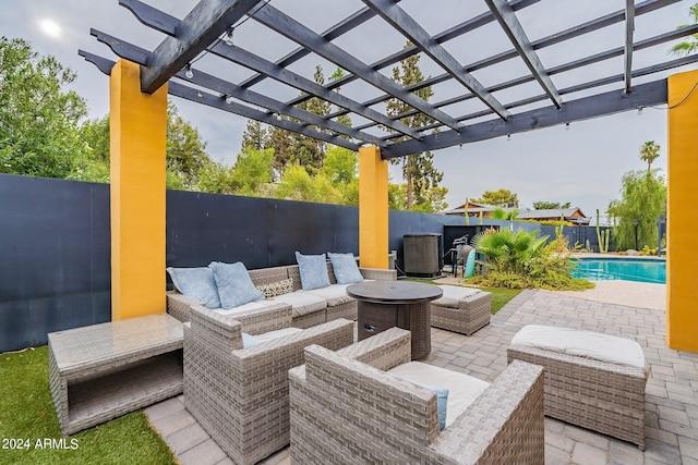 view of patio / terrace with a fenced in pool, fence, an outdoor hangout area, and a pergola