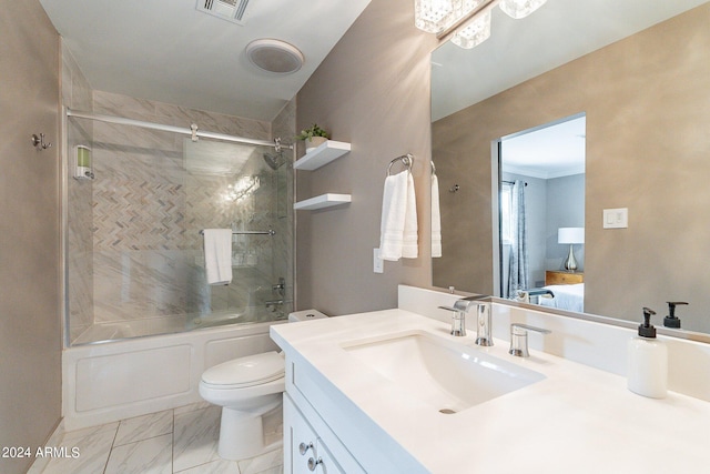 full bath with toilet, visible vents, vanity, marble finish floor, and  shower combination