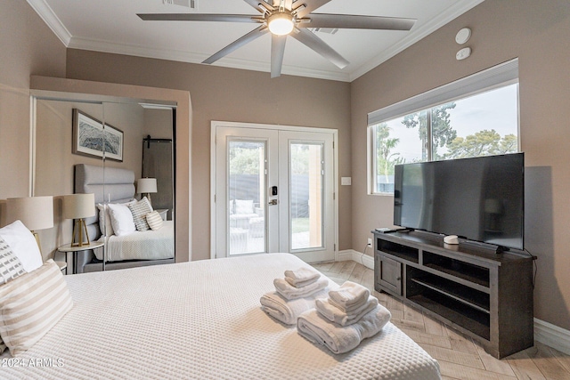 bedroom with access to outside, baseboards, crown molding, and french doors