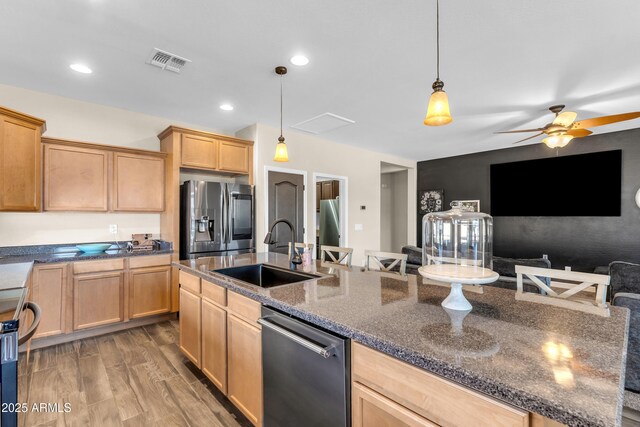 23886 W Harrison Dr, Buckeye, AZ 85326 - kitchen with stainless steel fridge with ice dispenser, dishwashing machine, a ceiling fan, pendant lighting, and range