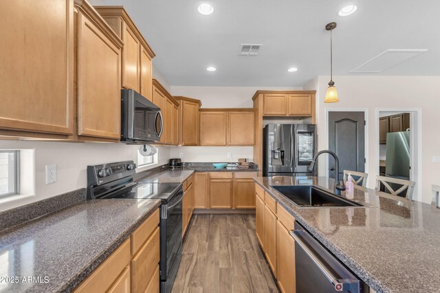 23886 W Harrison Dr, Buckeye, AZ 85326 - kitchen with black / electric stove, fridge with ice dispenser, stainless steel dishwasher, dark wood-type flooring, and recessed lighting