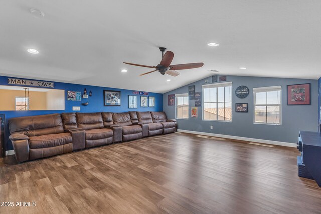 23886 W Harrison Dr, Buckeye, AZ 85326 - living area with a ceiling fan, wood finished floors, lofted ceiling, and recessed lighting