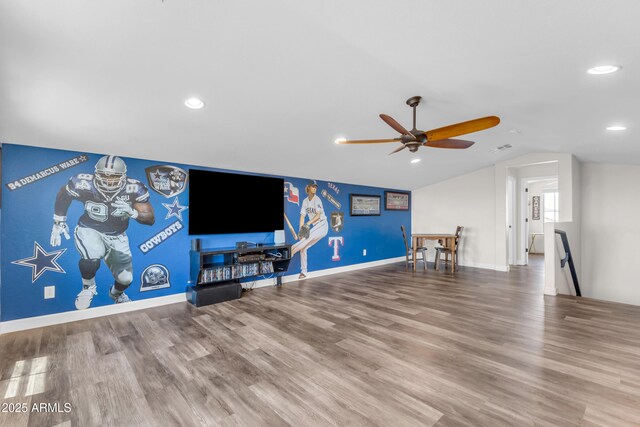 23886 W Harrison Dr, Buckeye, AZ 85326 - unfurnished living room with ceiling fan, wood finished floors, lofted ceiling, and recessed lighting