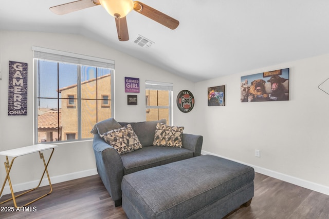 23886 W Harrison Dr, Buckeye, AZ 85326 - sitting room featuring vaulted ceiling, wood finished floors, and a ceiling fan
