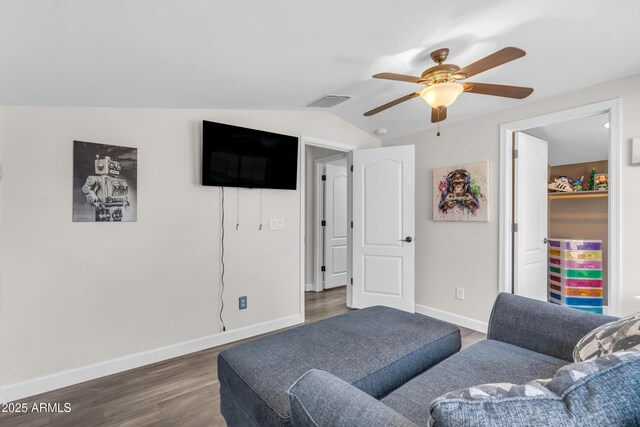23886 W Harrison Dr, Buckeye, AZ 85326 - living area featuring a ceiling fan, wood finished floors, and lofted ceiling