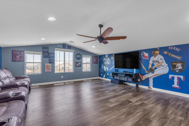 23886 W Harrison Dr, Buckeye, AZ 85326 - living area featuring a ceiling fan, vaulted ceiling, wood finished floors, and recessed lighting