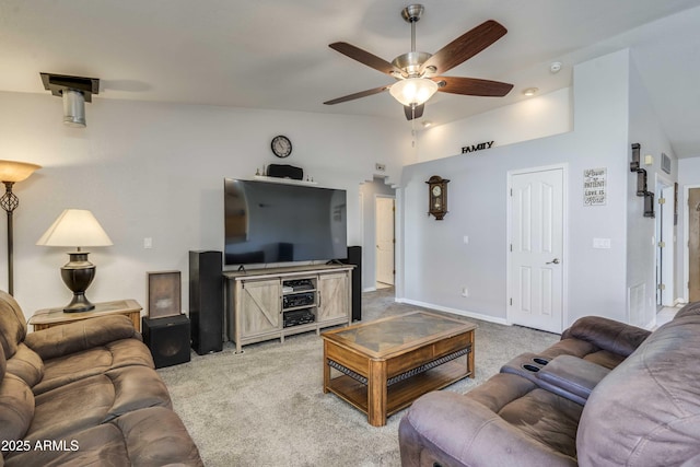 carpeted living room with visible vents, baseboards, and a ceiling fan