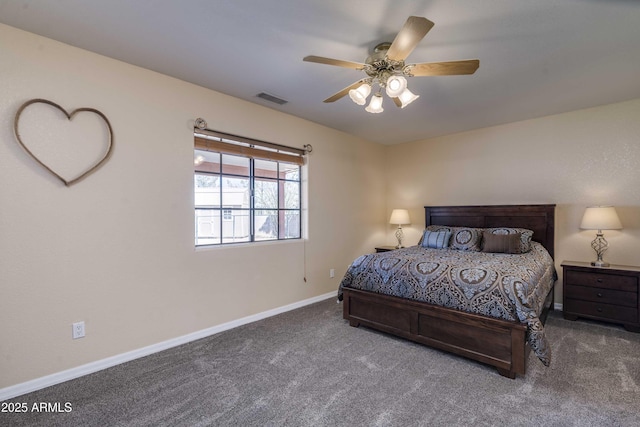 bedroom with dark colored carpet, visible vents, ceiling fan, and baseboards