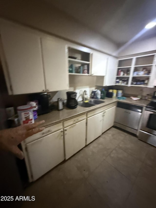 9054 E Crescent Ave, Mesa, AZ 85208 - kitchen with stainless steel appliances, a sink, white cabinets, tile patterned floors, and light countertops