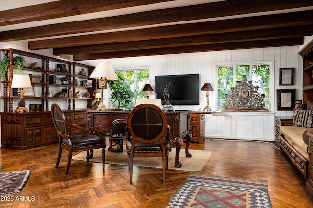 4316 N 40th St, Phoenix, AZ 85018 - living room with beamed ceiling and wooden walls