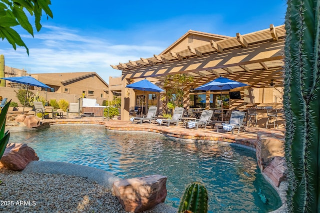 view of pool with a pergola, a fenced in pool, fence, and a patio area