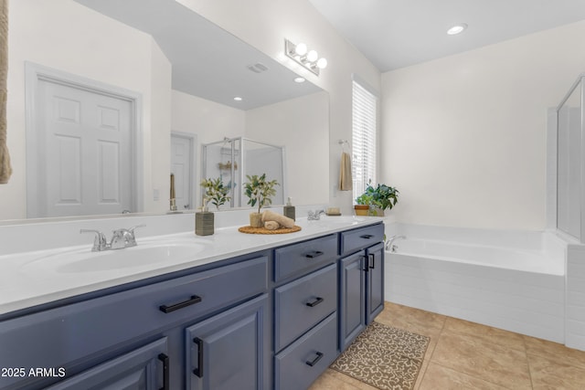 11159 E Sebring Ave, Mesa, AZ 85212 - full bath with double vanity, a bath, a shower stall, and tile patterned floors