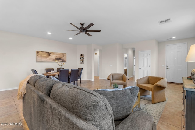 11159 E Sebring Ave, Mesa, AZ 85212 - living room with light tile patterned floors, recessed lighting, and a ceiling fan