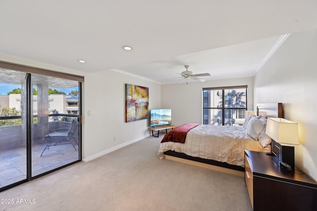 bedroom featuring ornamental molding, light carpet, access to exterior, baseboards, and recessed lighting