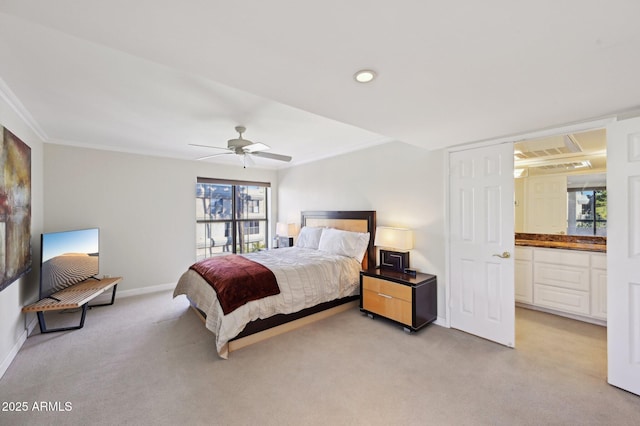 bedroom with baseboards, ornamental molding, light carpet, and a ceiling fan