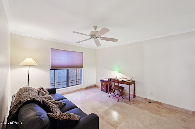 living room featuring ceiling fan, ornamental molding, and baseboards