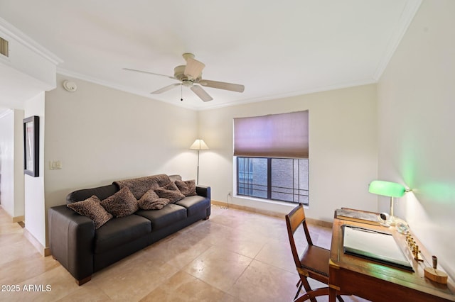 living room featuring light tile patterned floors, baseboards, ornamental molding, and a ceiling fan