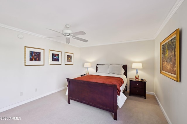 bedroom featuring crown molding, carpet flooring, and baseboards