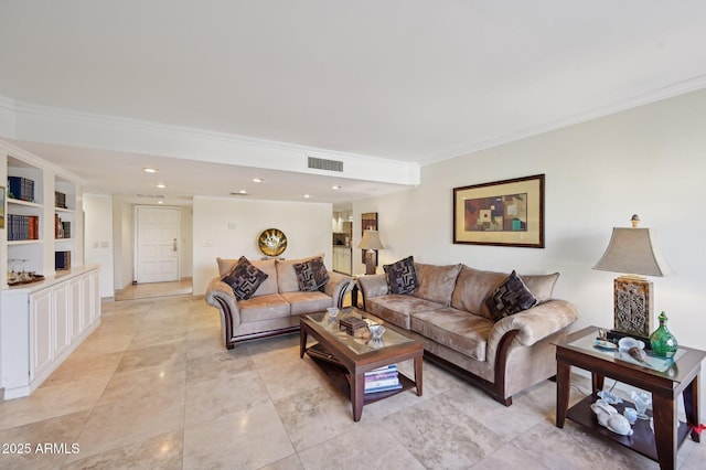 living area featuring recessed lighting, visible vents, ornamental molding, and light tile patterned floors