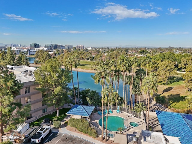 birds eye view of property featuring a water view