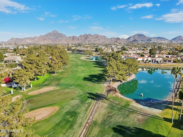 bird's eye view with a residential view, view of golf course, and a water and mountain view