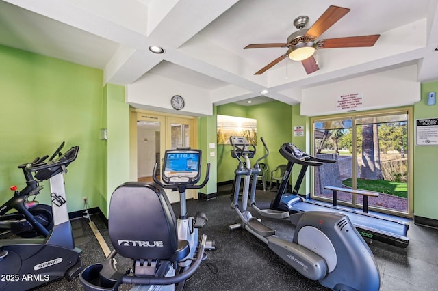 exercise room featuring a ceiling fan, baseboards, recessed lighting, and coffered ceiling