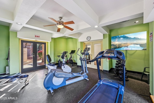 exercise area with ceiling fan, french doors, recessed lighting, baseboards, and coffered ceiling