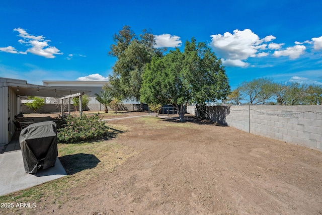 view of yard featuring a patio area and a fenced backyard