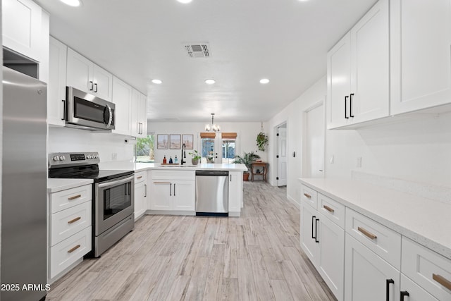 kitchen with visible vents, appliances with stainless steel finishes, a peninsula, light countertops, and white cabinetry