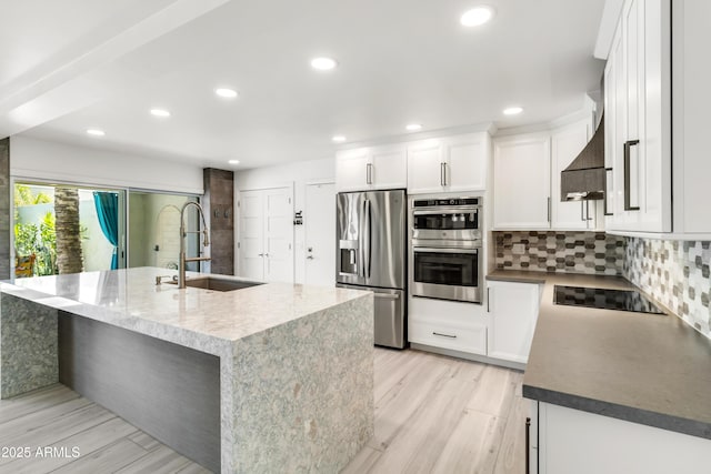 kitchen featuring white cabinetry, appliances with stainless steel finishes, sink, and a center island with sink