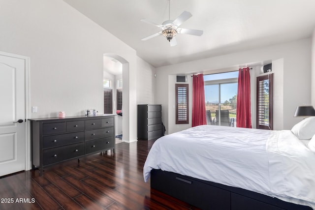 bedroom with lofted ceiling and ceiling fan