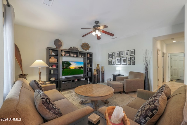 living room with ceiling fan